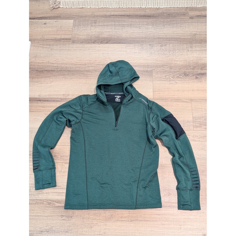 Brooks Womens Small Green Hooded Half Zip Running Pullover Thumbholes Thermal